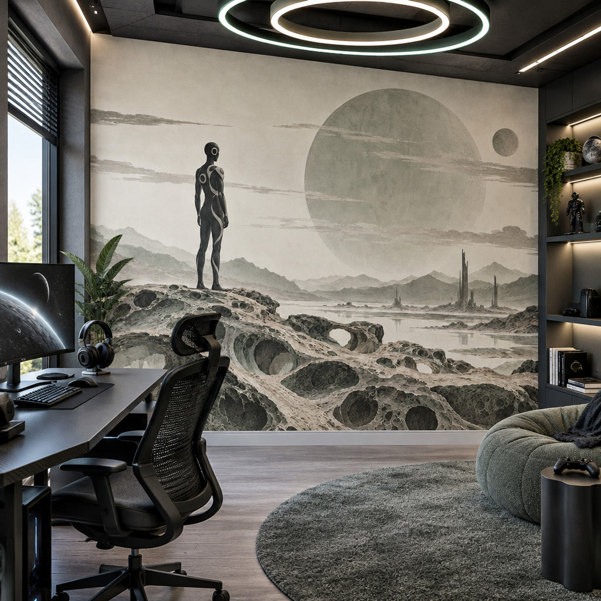Alien Planet Explorer Wallpaper Beige Sci Fi Landscape Wall Mural