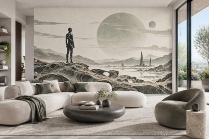 Alien Planet Explorer Wallpaper Beige Sci Fi Landscape Wall Mural