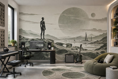 Alien Planet Explorer Wallpaper Beige Sci Fi Landscape Wall Mural