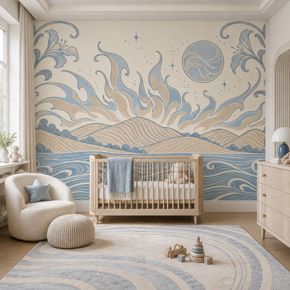 Art Nouveau Coastal Landscape Wallpaper Celestial Floral Border Wall Mural