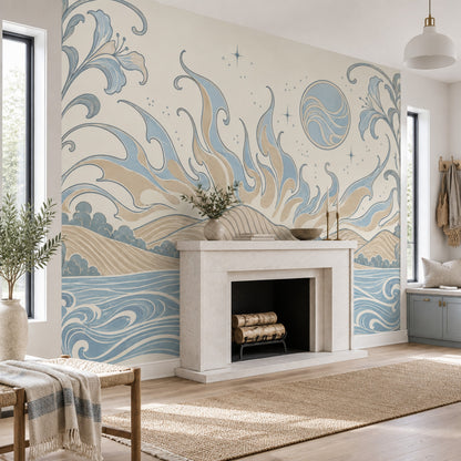 Art Nouveau Coastal Landscape Wallpaper Celestial Floral Border Wall Mural