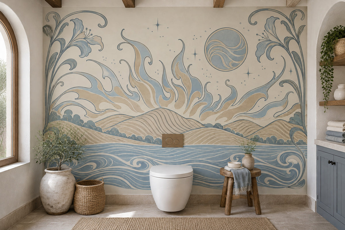 Art Nouveau Coastal Landscape Wallpaper Celestial Floral Border Wall Mural