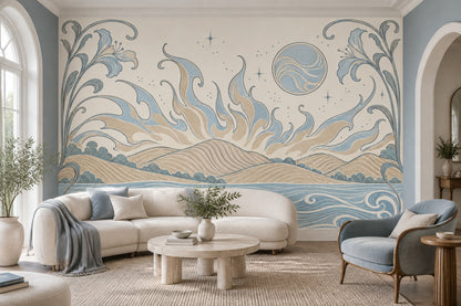 Art Nouveau Coastal Landscape Wallpaper Celestial Floral Border Wall Mural