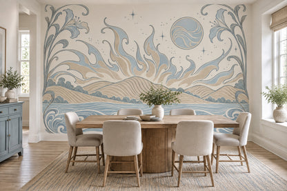 Art Nouveau Coastal Landscape Wallpaper Celestial Floral Border Wall Mural