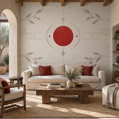 Red Sun Branches Wallpaper Minimal Chinoiserie Wall Mural
