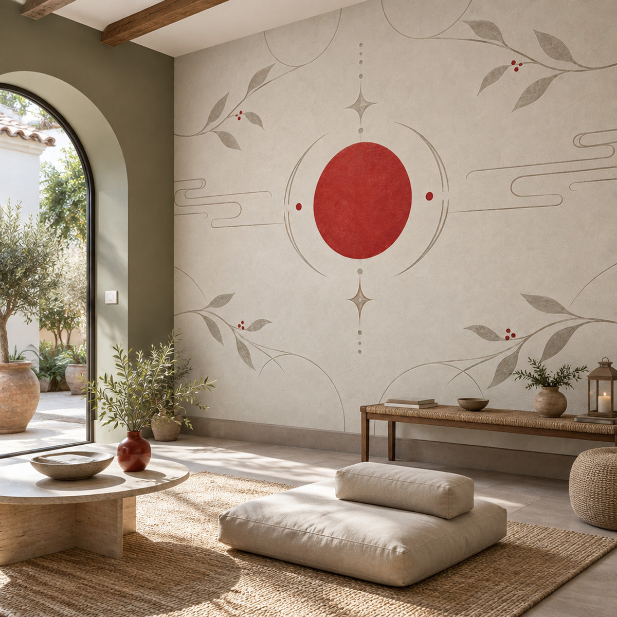 Red Sun Branches Wallpaper Minimal Chinoiserie Wall Mural