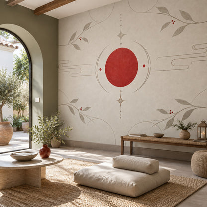 Red Sun Branches Wallpaper Minimal Chinoiserie Wall Mural