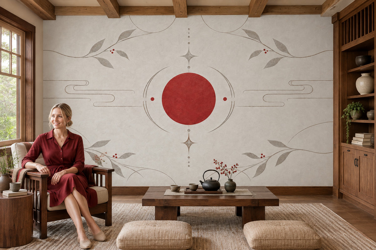 Red Sun Branches Wallpaper Minimal Chinoiserie Wall Mural