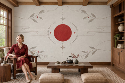 Red Sun Branches Wallpaper Minimal Chinoiserie Wall Mural