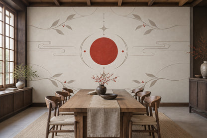 Red Sun Branches Wallpaper Minimal Chinoiserie Wall Mural