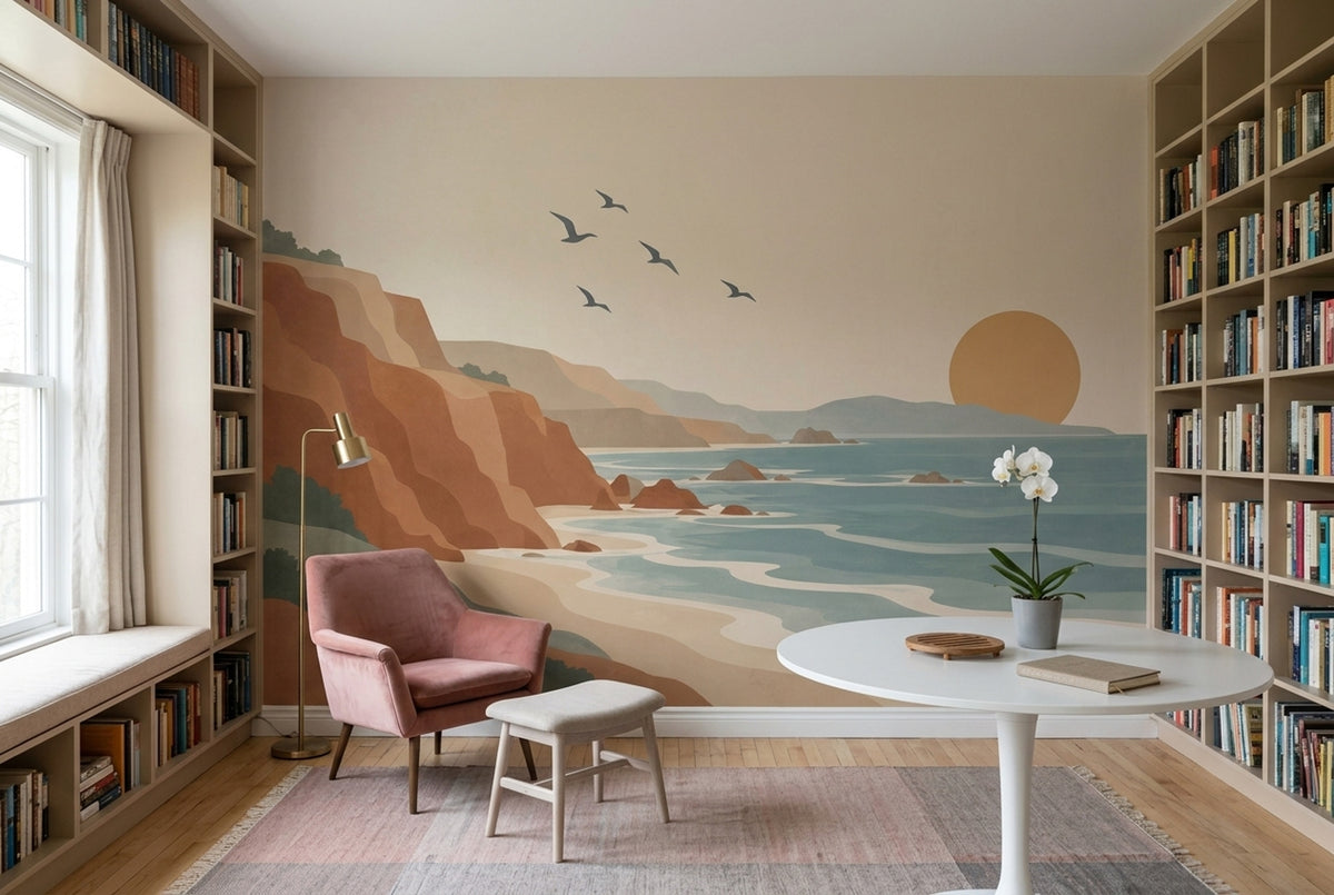 Coastal Cliffs Sunset Wallpaper Retro Landscape Wall Mural