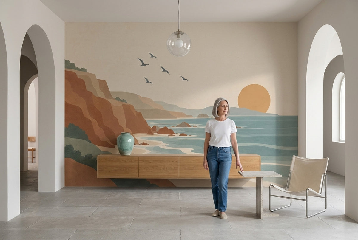 Coastal Cliffs Sunset Wallpaper Retro Landscape Wall Mural