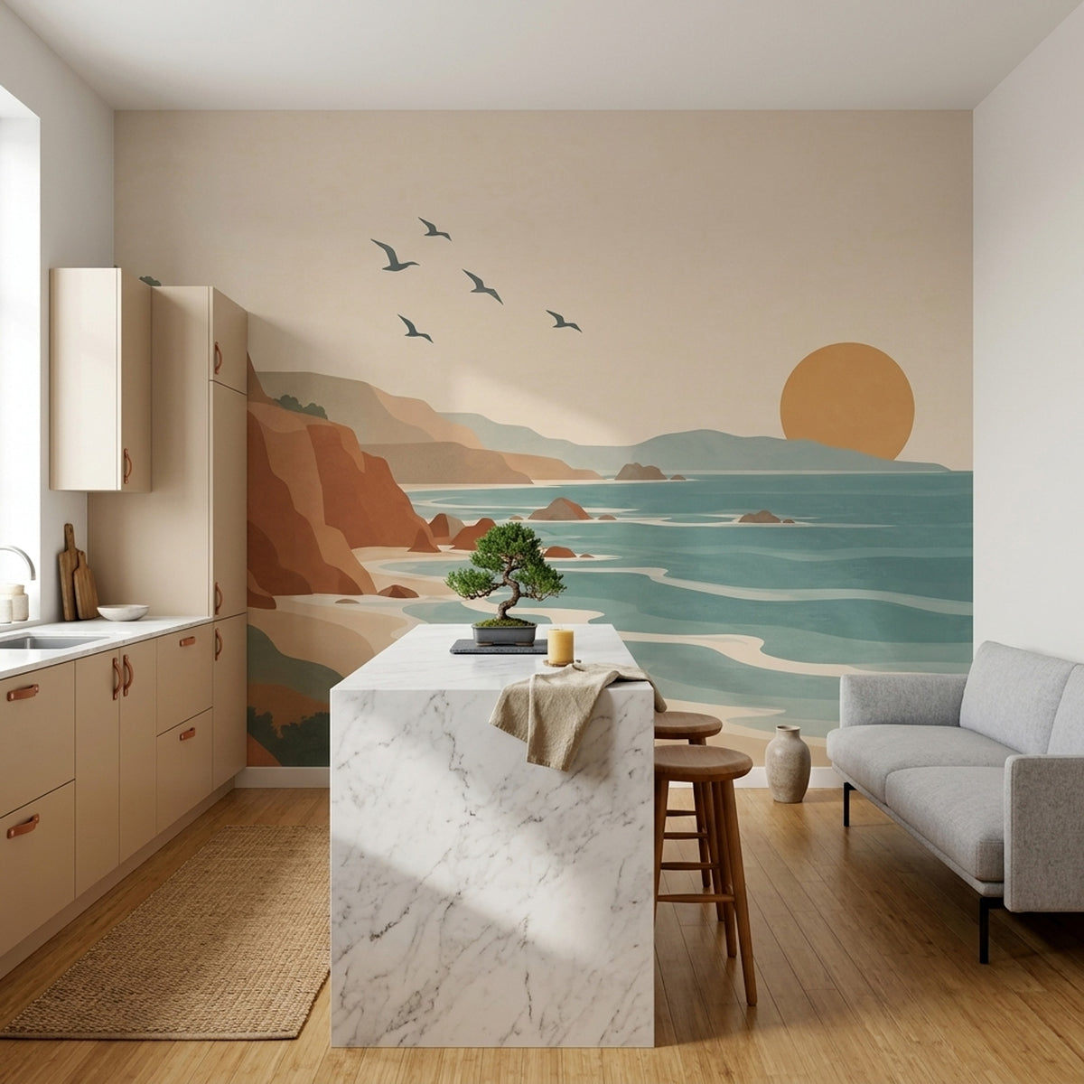 Coastal Cliffs Sunset Wallpaper Retro Landscape Wall Mural