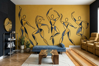 Abstract Dancers Wallpaper Mustard Yellow Geometric Wall Mural