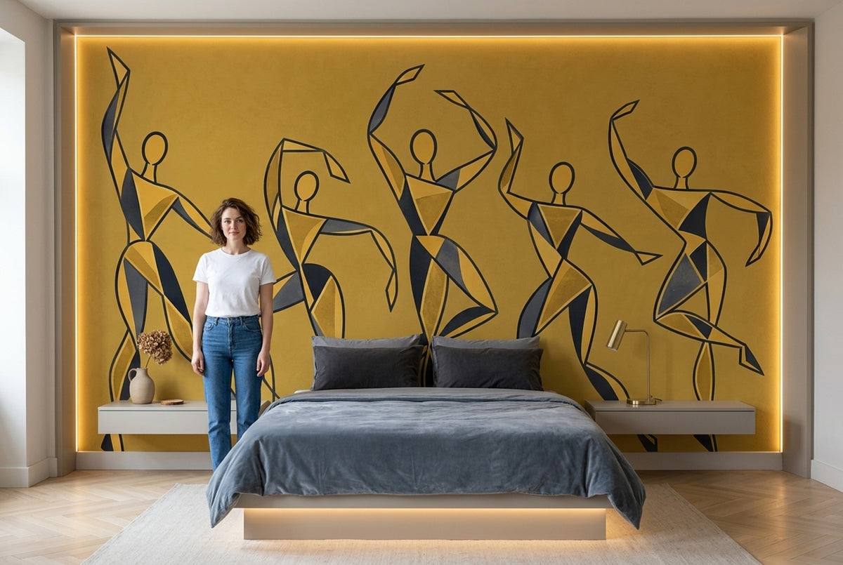 Abstract Dancers Wallpaper Mustard Yellow Geometric Wall Mural