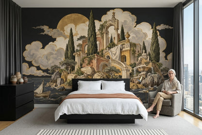 Classical Ruins Seascape Wallpaper Gold Moon Wall Mural