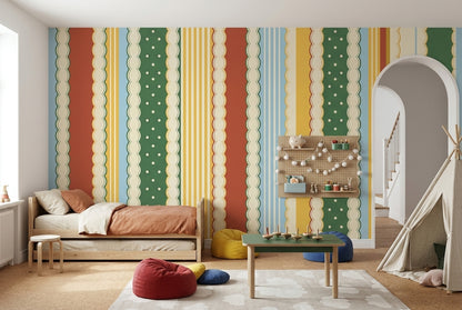 Retro Vertical Stripes Wallpaper Polka Dot Scalloped Border Wall Mural