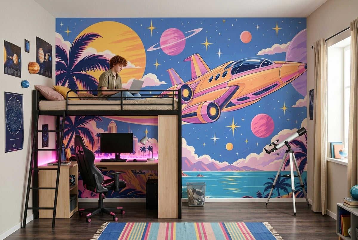 Retro Futuristic Spaceship Wallpaper Tropical Coast Wall Mural