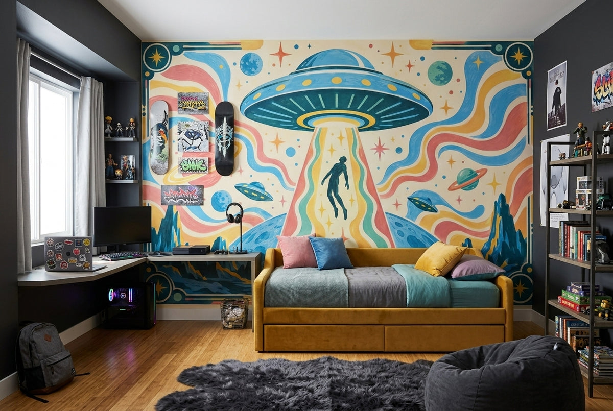 UFO Abduction Wallpaper Retro Sci Fi Wall Mural