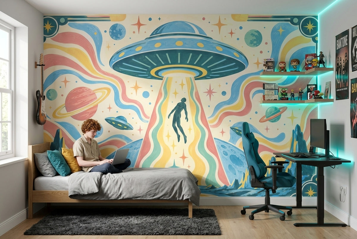 UFO Abduction Wallpaper Retro Sci Fi Wall Mural