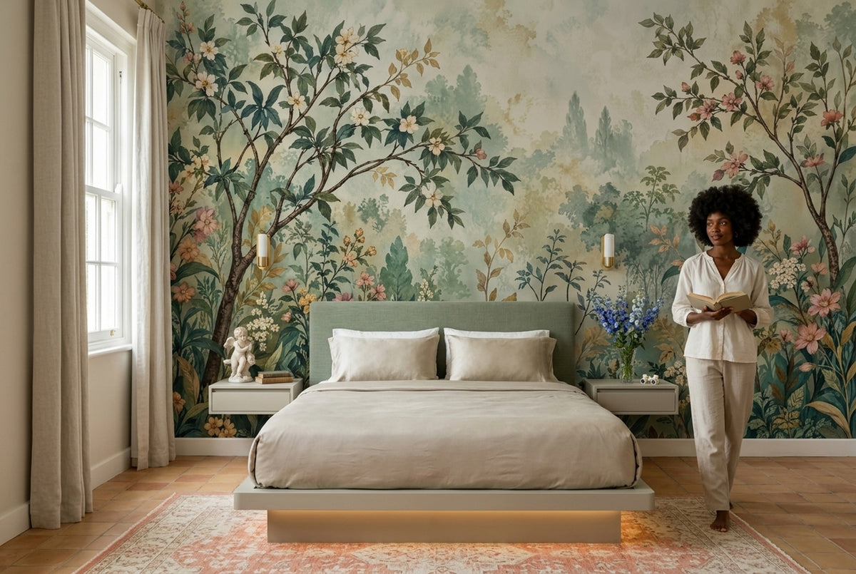 Blossoming Branches Wallpaper Muted Green Chinoiserie Wall Mural