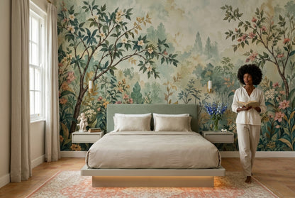 Blossoming Branches Wallpaper Muted Green Chinoiserie Wall Mural
