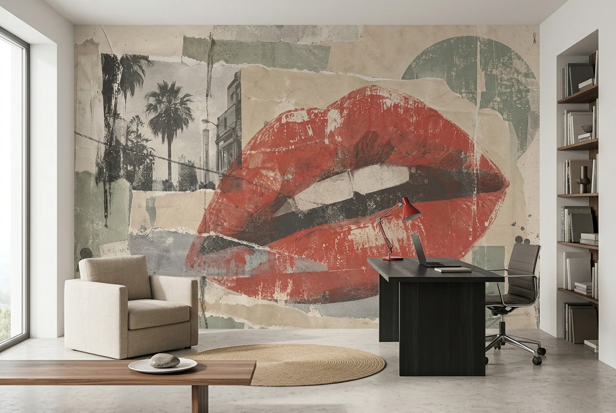 Red Lips Collage Wallpaper Urban Grunge Texture Wall Mural