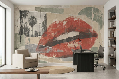 Red Lips Collage Wallpaper Urban Grunge Texture Wall Mural