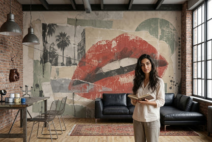 Red Lips Collage Wallpaper Urban Grunge Texture Wall Mural