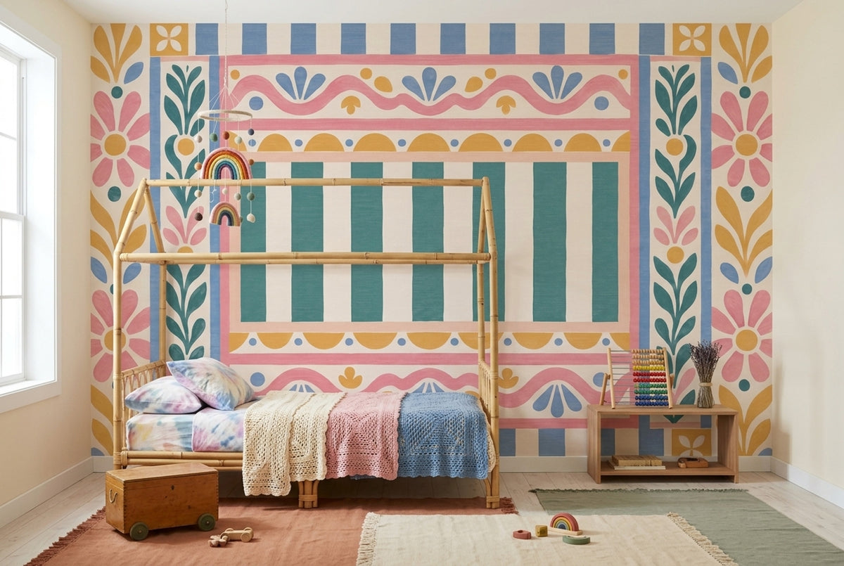 Folk Floral Border Wallpaper Pastel Stripes Wall Mural