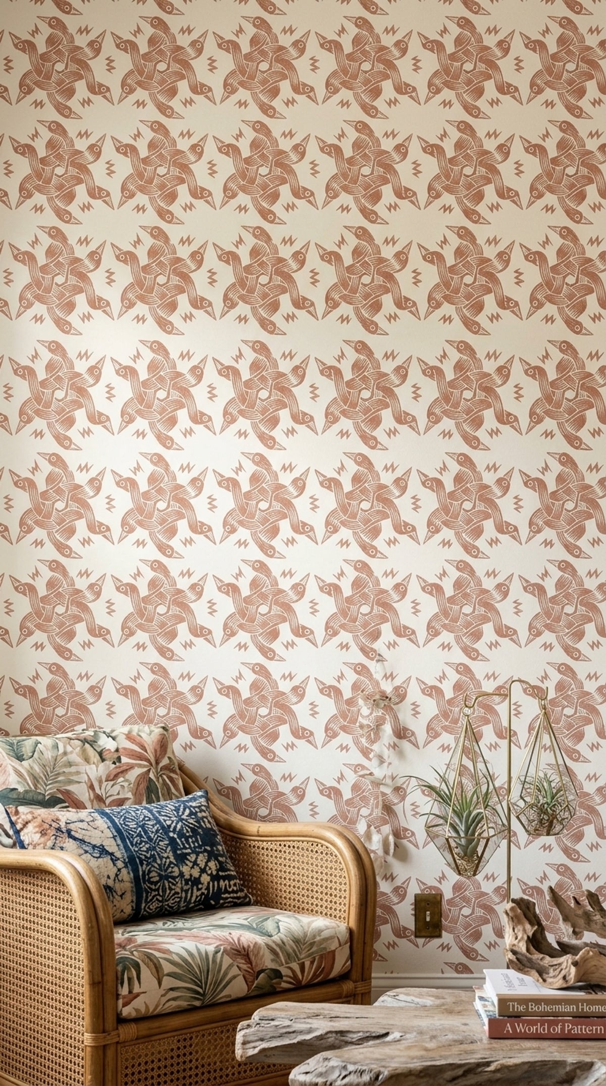 Bird Motif Wallpaper Terracotta Block Print Pattern