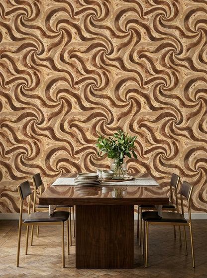 Abstract Swirl Wallpaper Brown Marble With Gold Accents