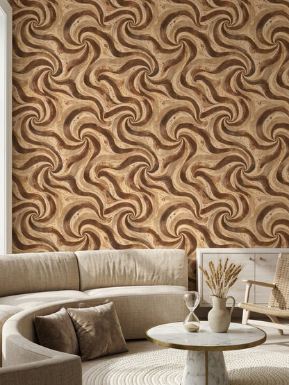 Abstract Swirl Wallpaper Brown Marble With Gold Accents