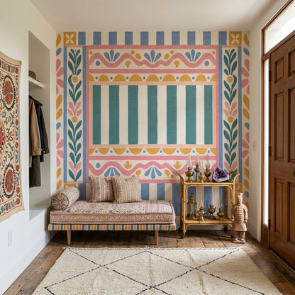 Folk Floral Border Wallpaper Pastel Stripes Wall Mural