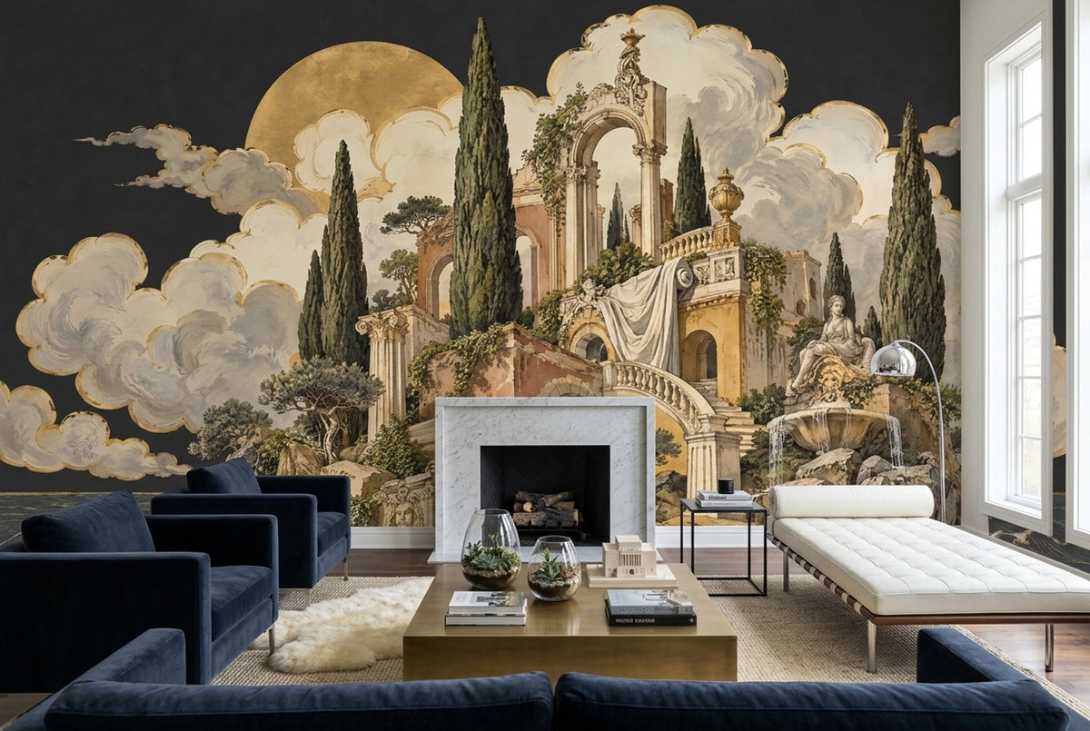 Classical Ruins Seascape Wallpaper Gold Moon Wall Mural