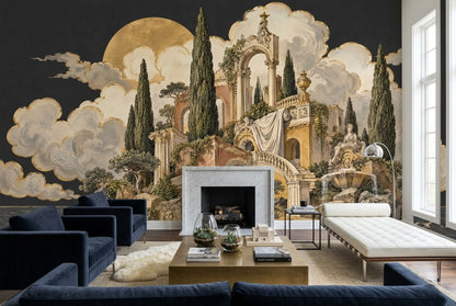 Classical Ruins Seascape Wallpaper Gold Moon Wall Mural