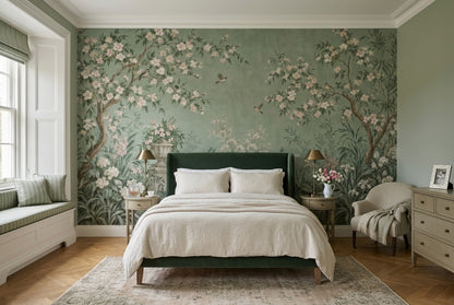 Chinoiserie Garden Birds Wallpaper Muted Green Wall Mural