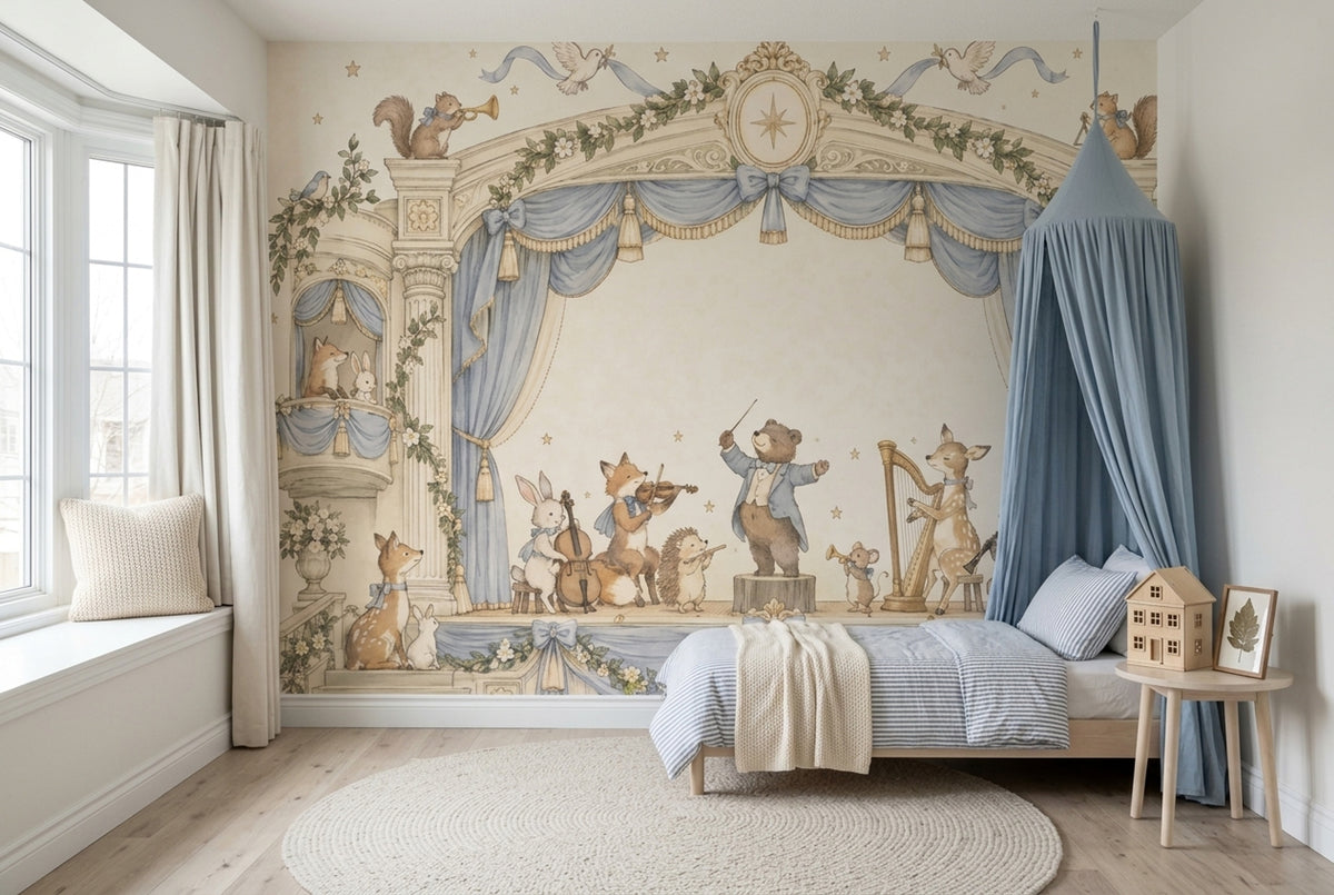 Woodland Animal Orchestra Wallpaper Blue Curtain Theater Wall Mural