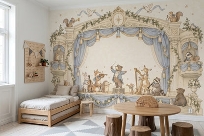 Woodland Animal Orchestra Wallpaper Blue Curtain Theater Wall Mural