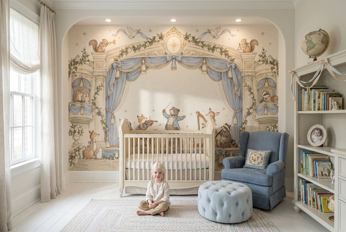 Woodland Animal Orchestra Wallpaper Blue Curtain Theater Wall Mural