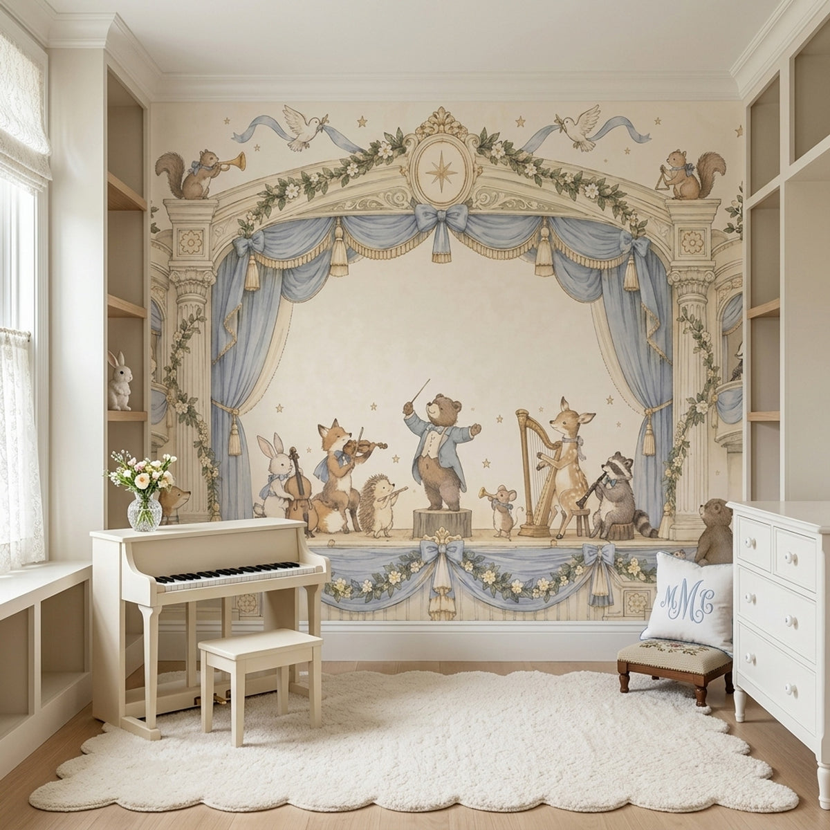 Woodland Animal Orchestra Wallpaper Blue Curtain Theater Wall Mural