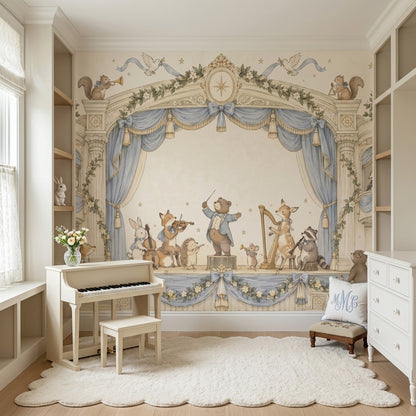 Woodland Animal Orchestra Wallpaper Blue Curtain Theater Wall Mural