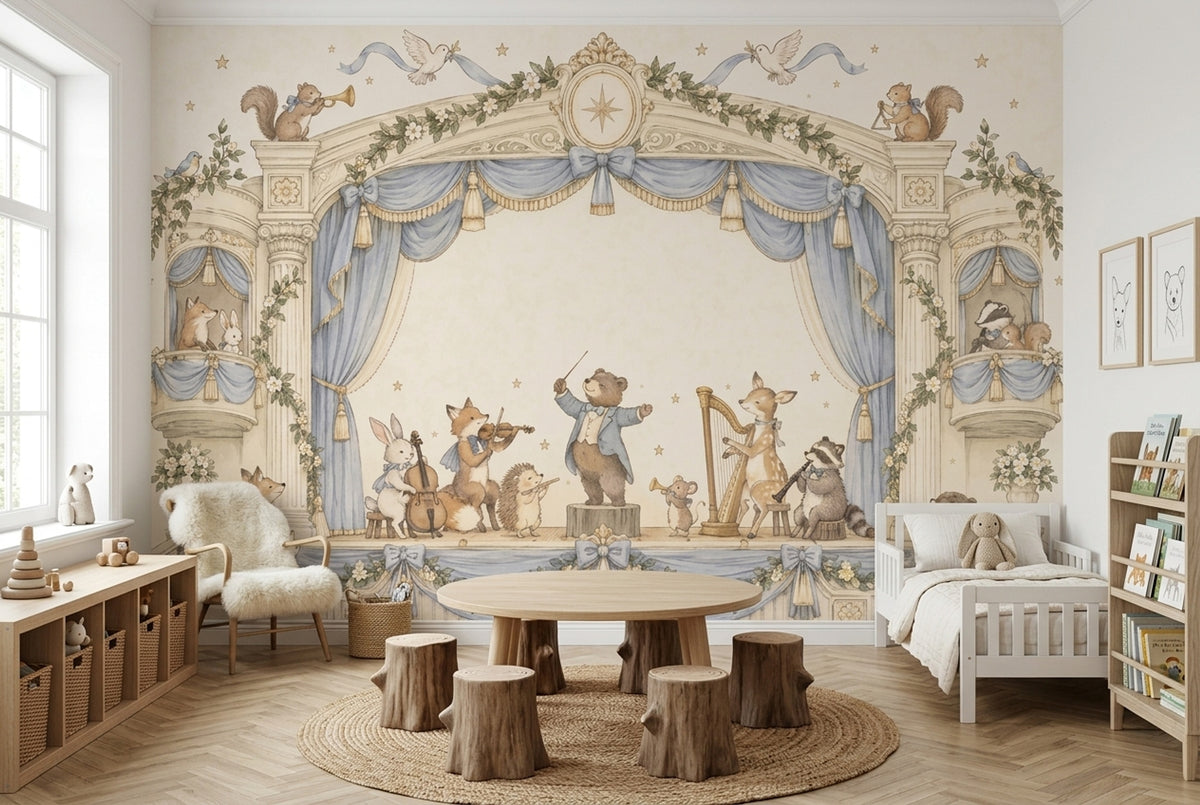 Woodland Animal Orchestra Wallpaper Blue Curtain Theater Wall Mural