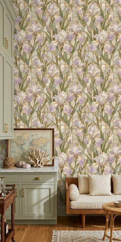 Iris Flowers Wallpaper Stained Glass Gold Outline Ivory