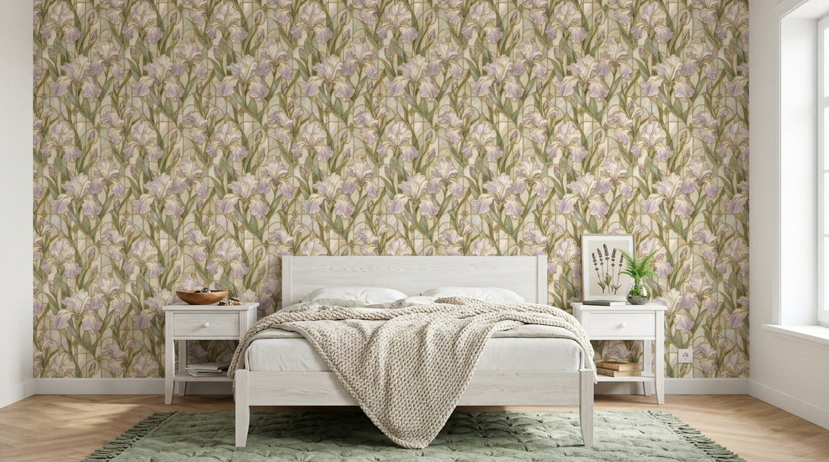 Iris Flowers Wallpaper Stained Glass Gold Outline Ivory