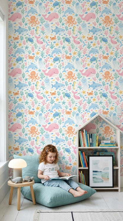 Ocean Animals Wallpaper Pastel Watercolor Pattern