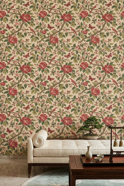Pink Cherry Blossom Birds Wallpaper Chinoiserie Floral Pattern