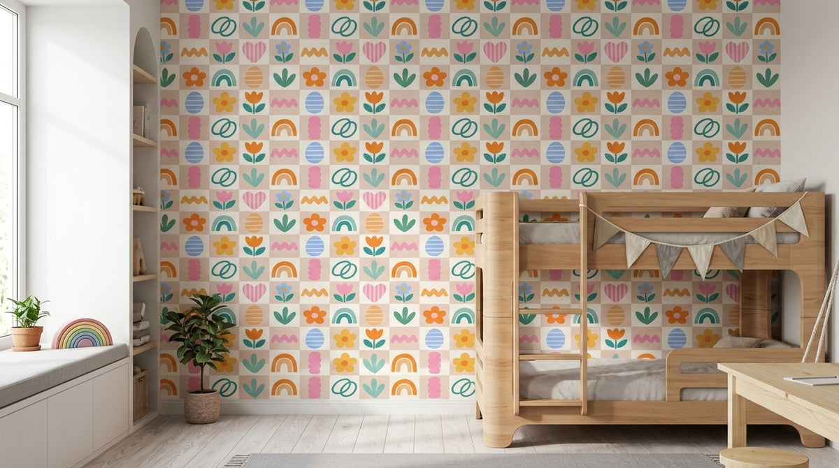Playful Floral Icons Wallpaper Pastel Rainbow Grid