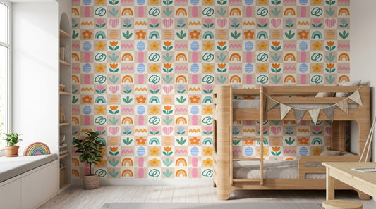 Playful Floral Icons Wallpaper Pastel Rainbow Grid