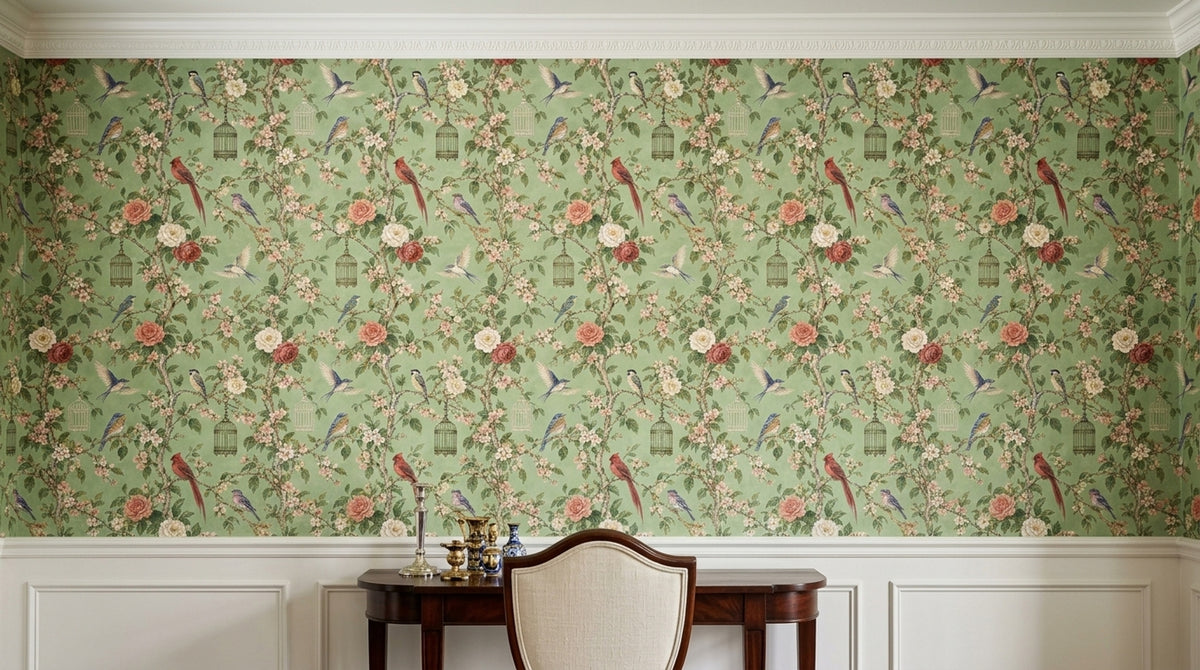 Blossom Birds Wallpaper Sage Green Chinoiserie Pattern